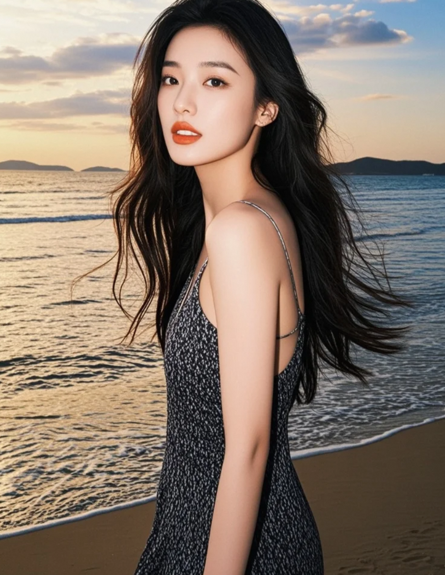 赤足漫步沙滩，长发与海风共舞，笑容如暖阳