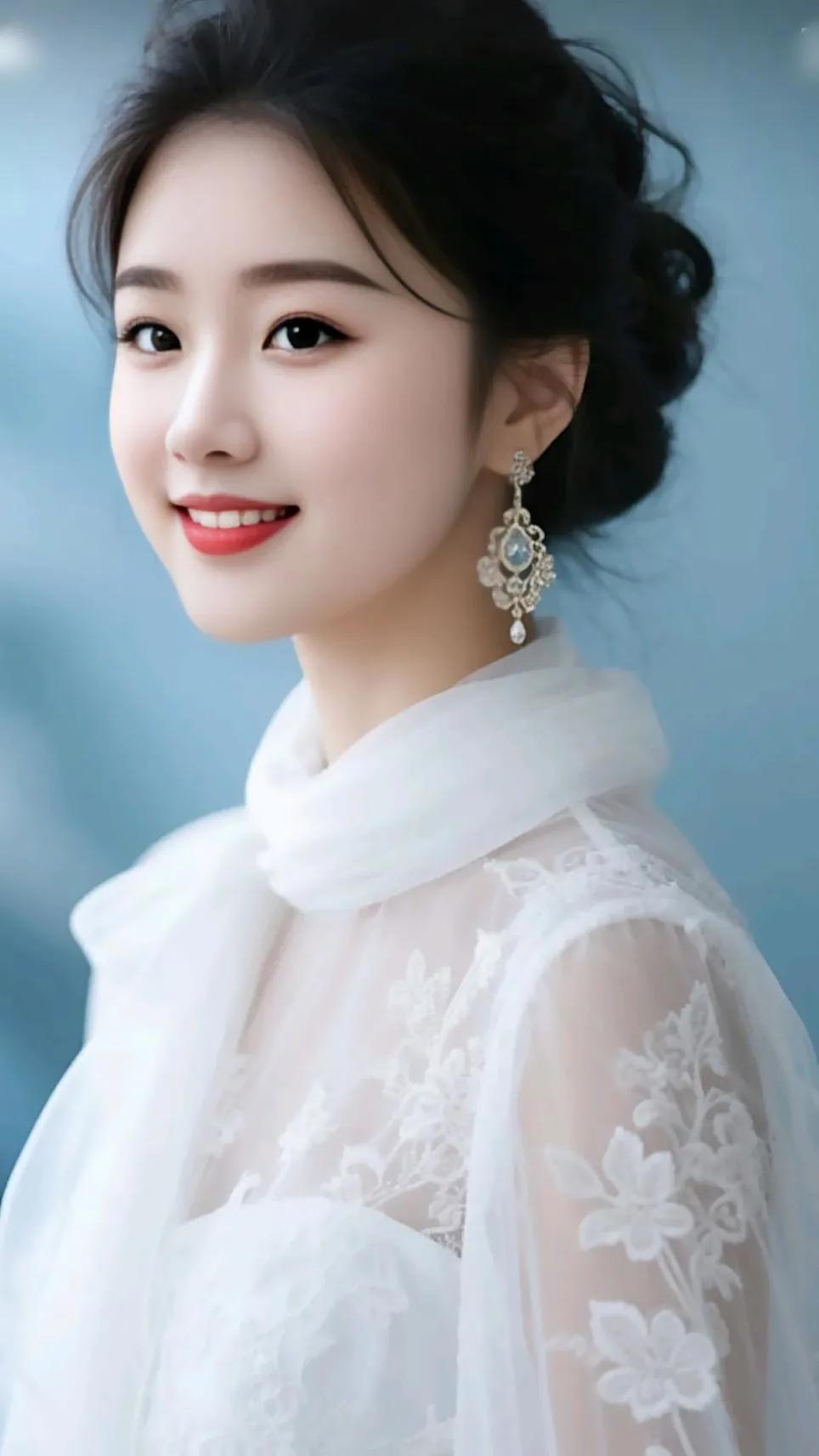 温柔优雅的新娘造型，精致蕾丝婚纱，甜美笑容，梦幻蓝背景。
