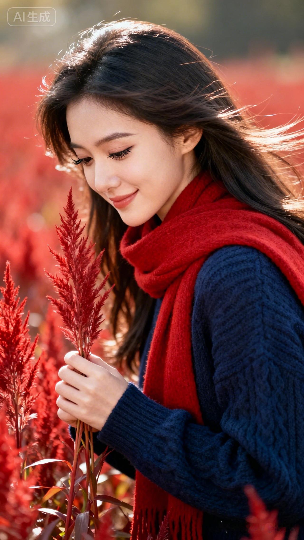 这个姑娘在红叶丛中微笑。