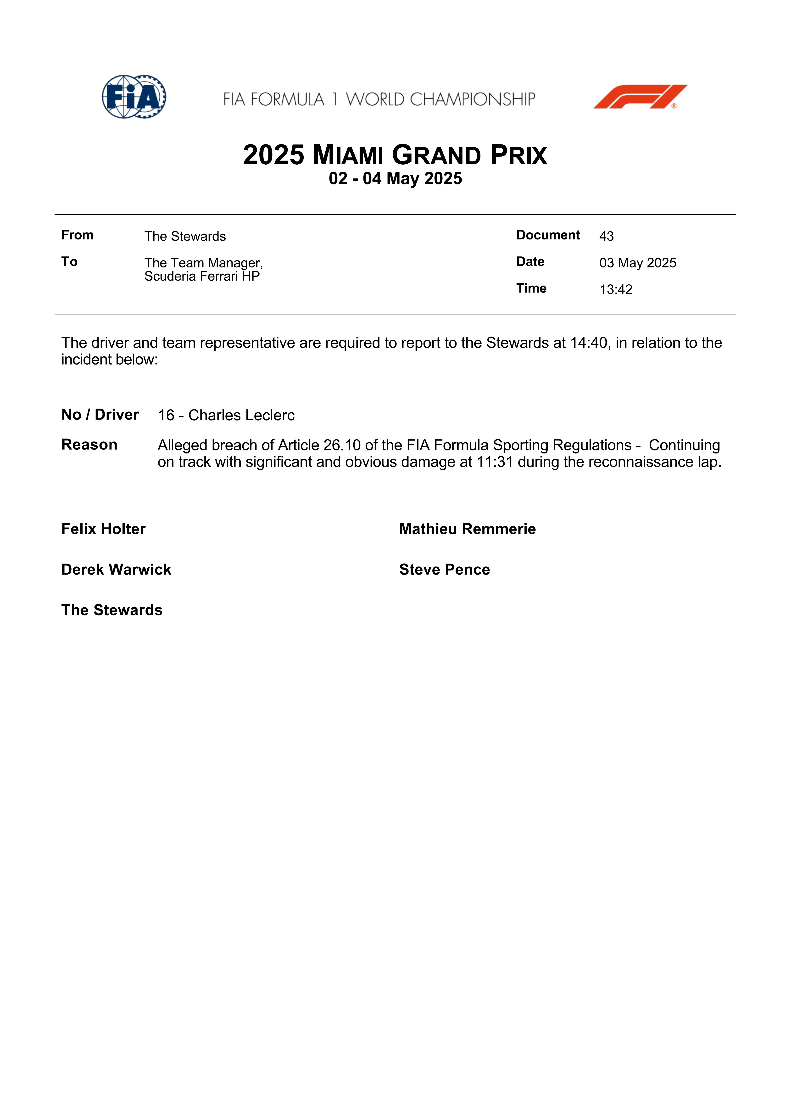 F1关于勒克莱尔的两条消息更新：1.勒克莱尔在赛前出场圈撞车后，涉嫌继续在非
