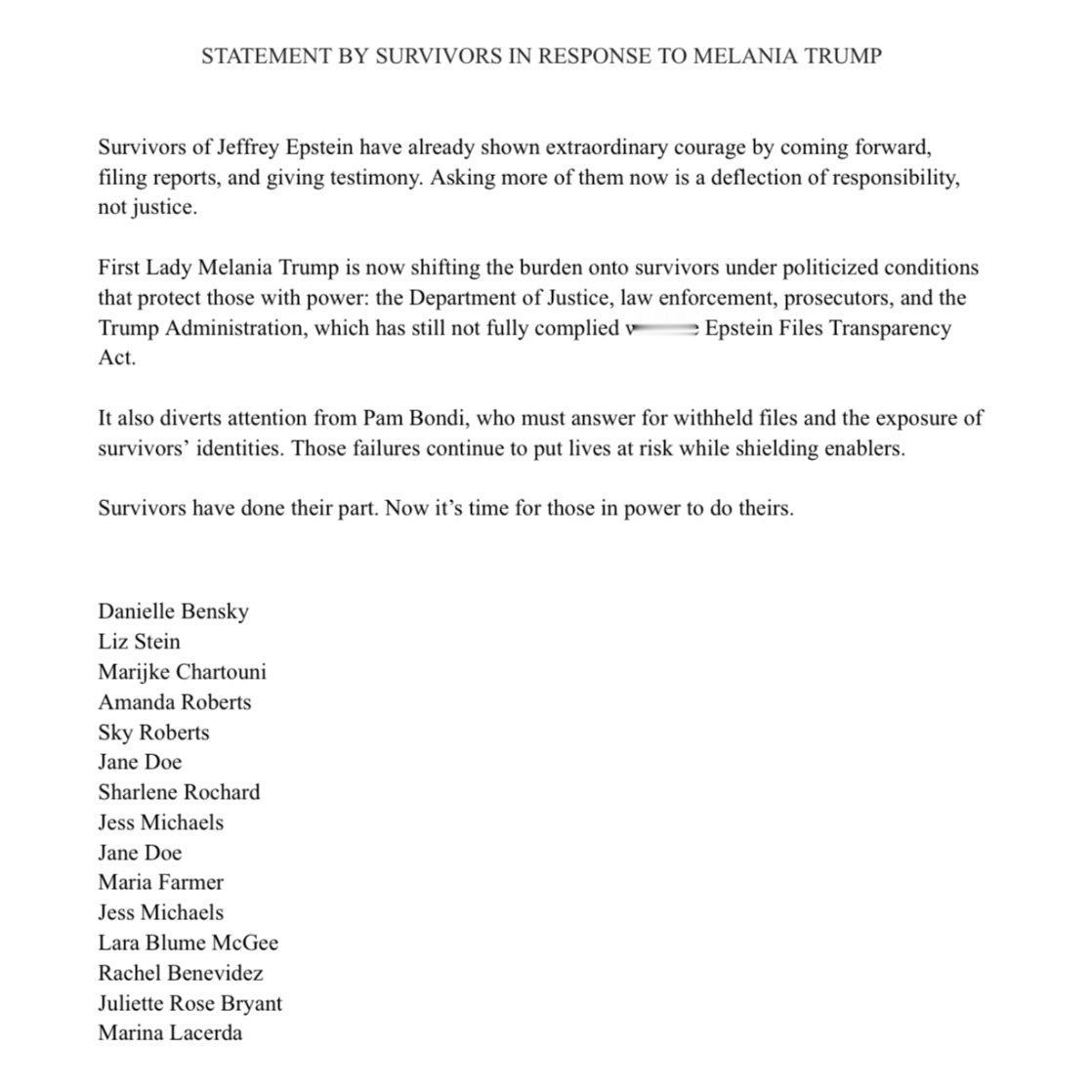爱泼斯坦案件的15位幸存者们联名发布了一份声明，回应梅拉尼娅·特朗普先前的评论：