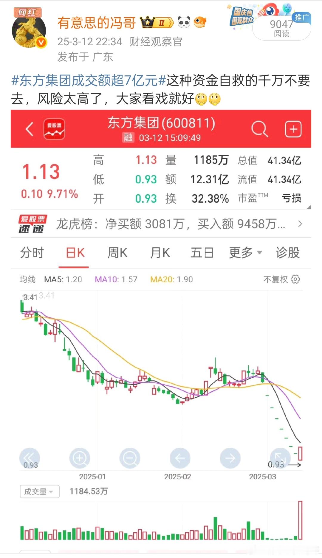 东方集团地天板冯哥就跟大家说了，这里是资金开始自救，这种千万别去风险太高，还有粉