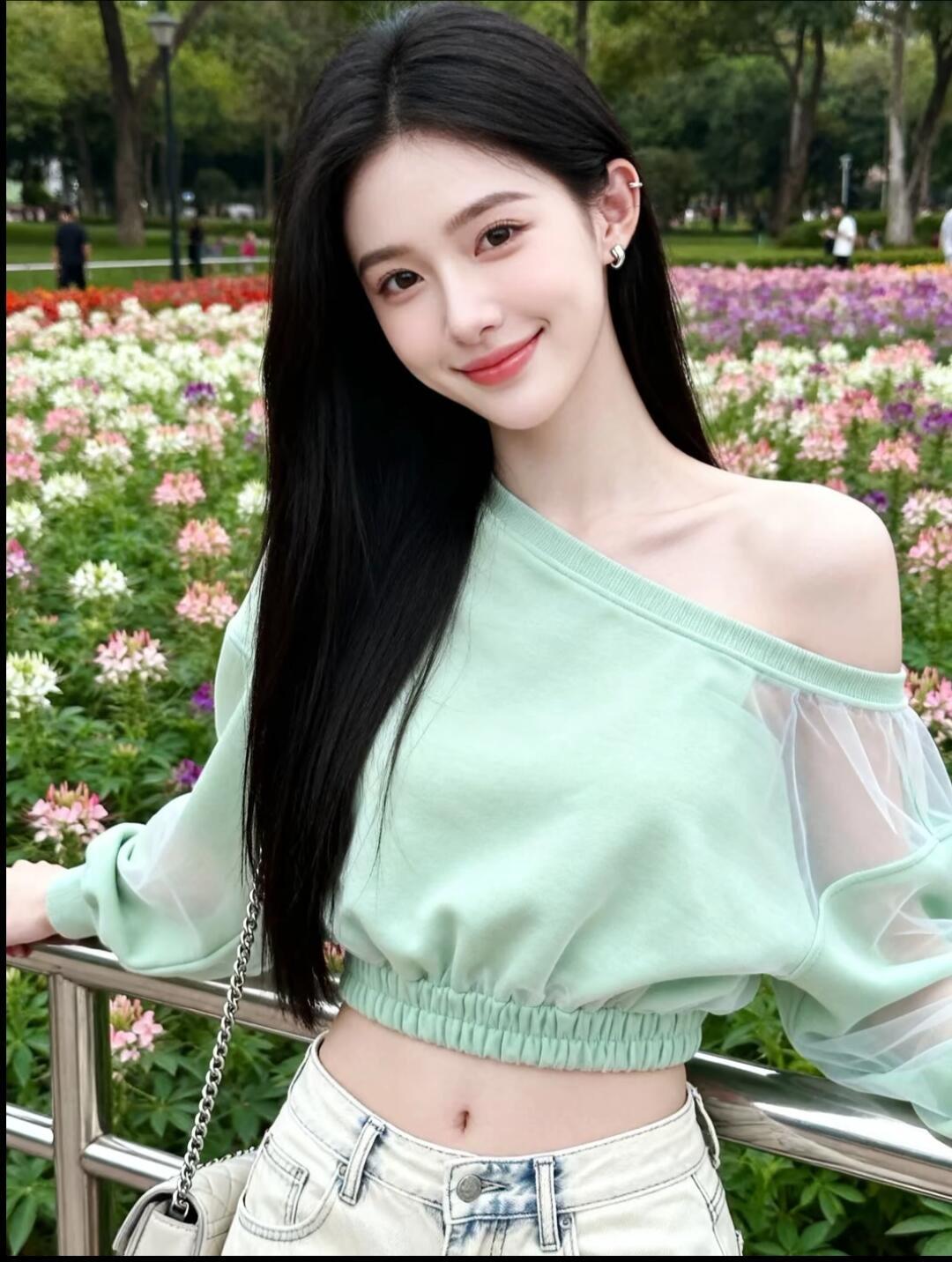 春日花海中的甜美少女，浅绿色露肩上衣与白色牛仔裤的清新搭配，让人心旷神怡！🌸?