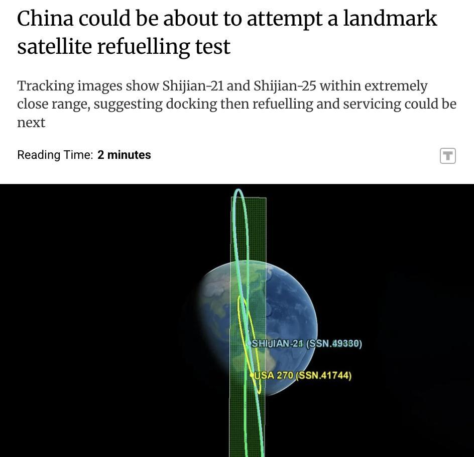 外媒：中国或将进行具有里程碑意义的卫星在轨加油测试据瑞士太空监测公司s2aS