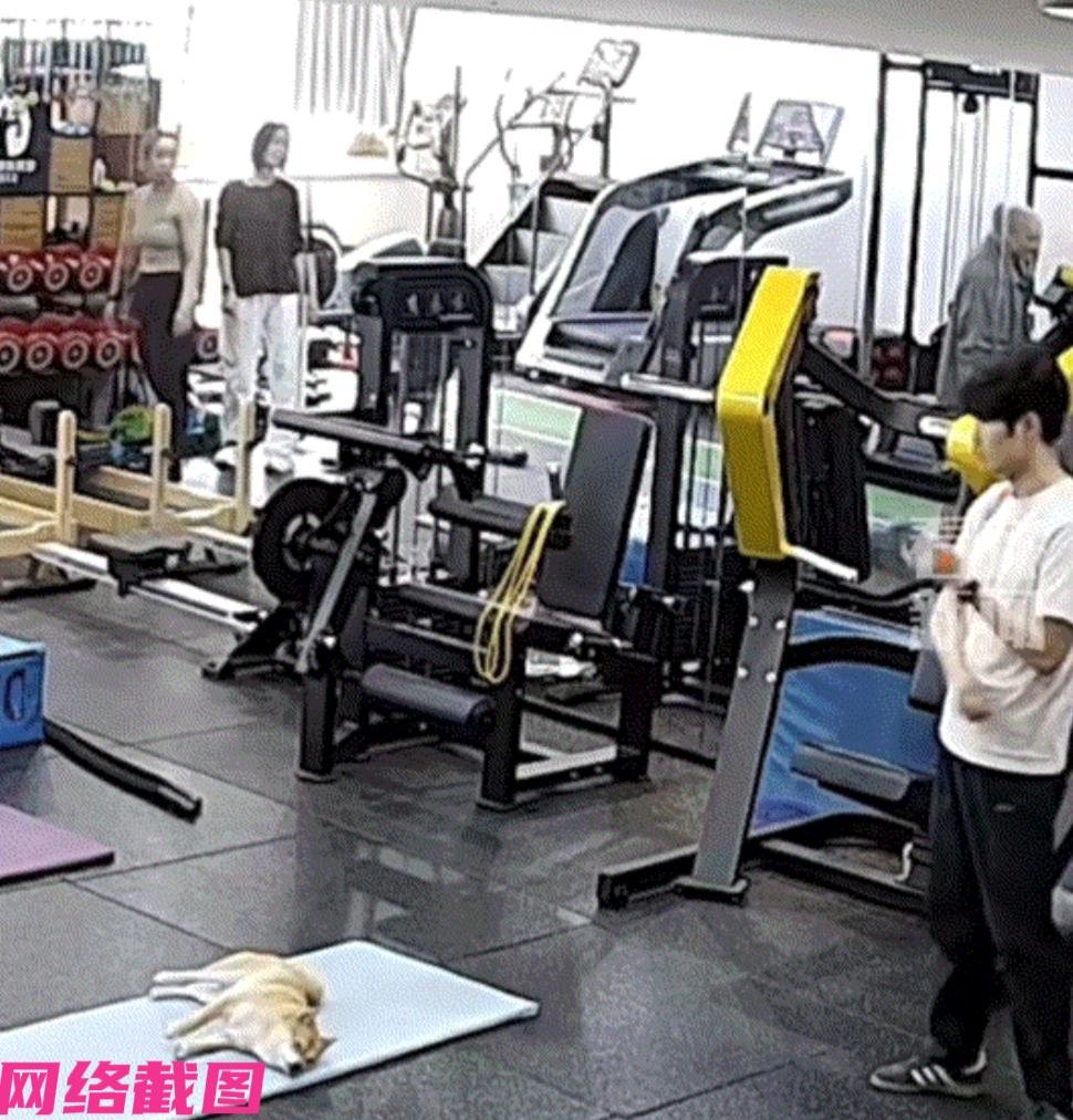 江苏某个男子在健身房一旁和别人聊天时，不知旁边还有只小狗，没有想到自己一个没有留
