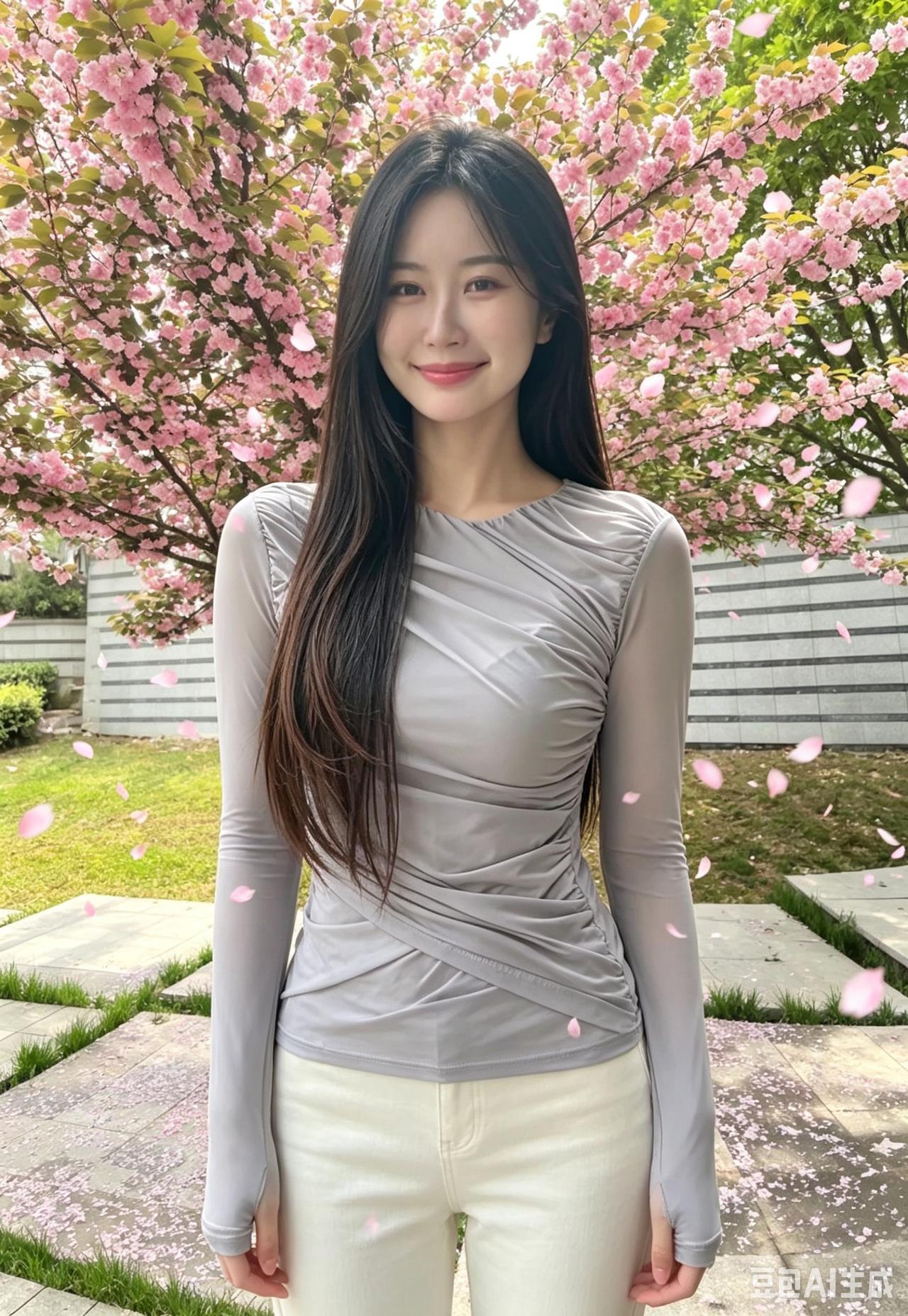 满树繁英照浅妆，纤姿温婉立春光。青山流水皆含韵，不及佳人半缕香。