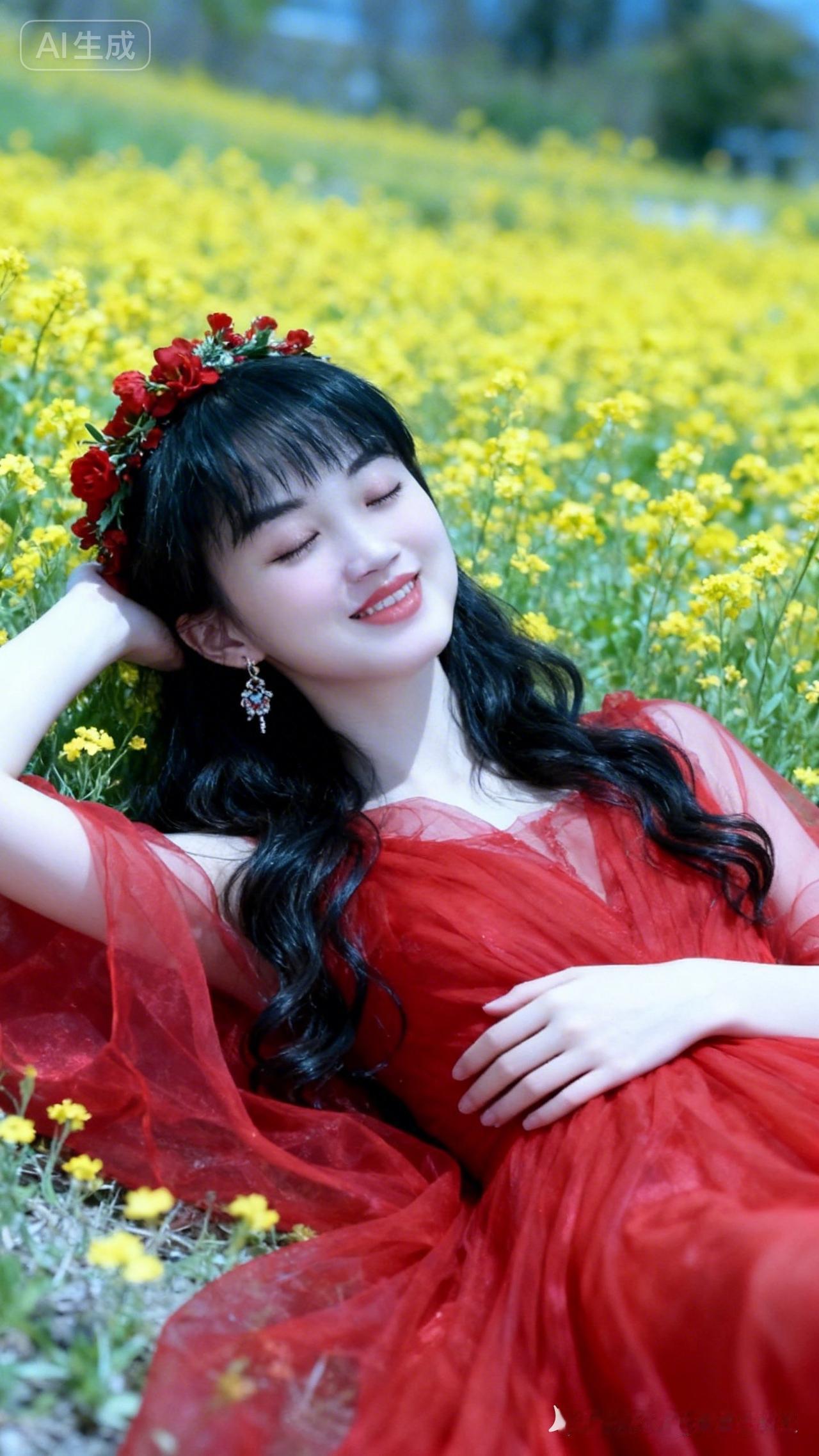 在花海中，红裙少女与自然共舞，绽放最美笑容。