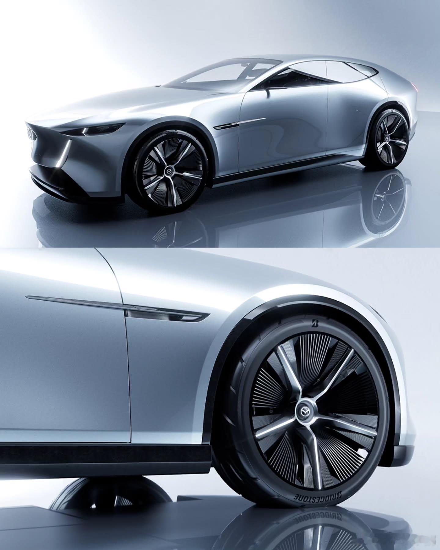 马自达VisionX概念车，依然是用长线条、大曲面，配上巨大轮毂和小车窗，营造