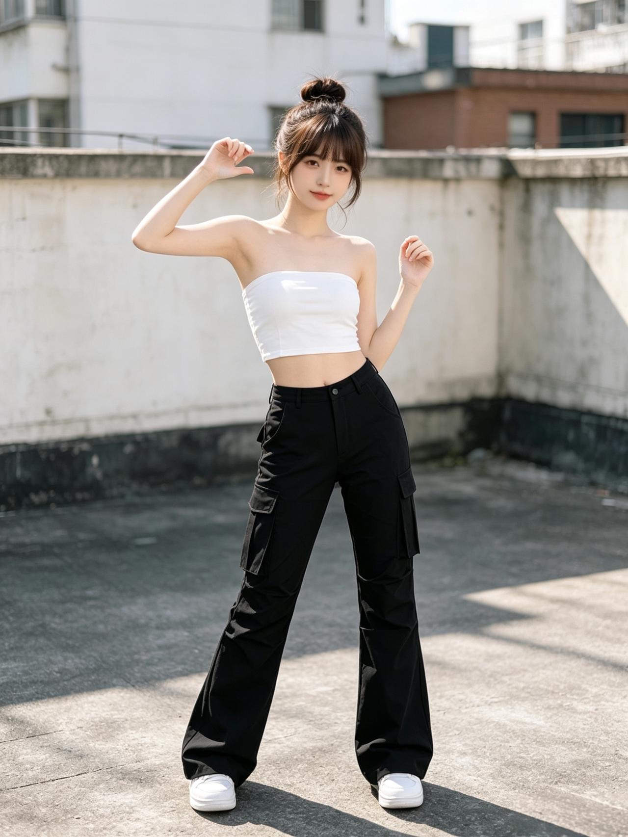夏日穿搭指南：白色露脐上衣+黑色宽松工装裤，活力满满！🌞👗👖女人如何穿出含