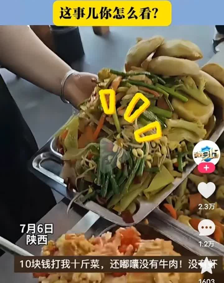 10元自助餐女子把餐盘堆的像山头，一边打菜一边还嘟囔没有肉和虾，老板见这一幕急忙