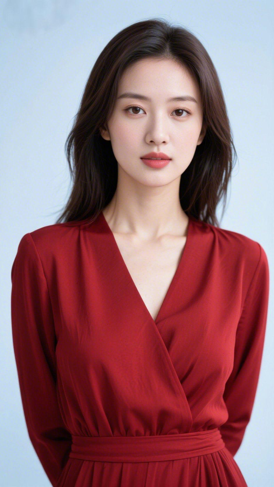 《绛舒》酒红裙身轻覆肩臂，像拥住一捧温软的晚霞。V领垂落的弧度里，藏着恰好