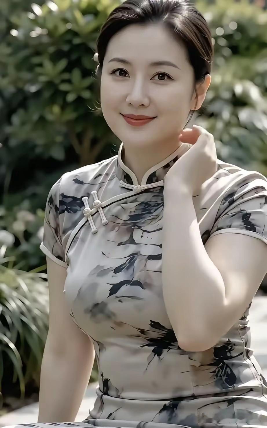 七律・墨韵旗袍水墨裁衣韵自长，盘扣凝香映浅妆。浅笑眸含清润意，轻抬腕染碧荫