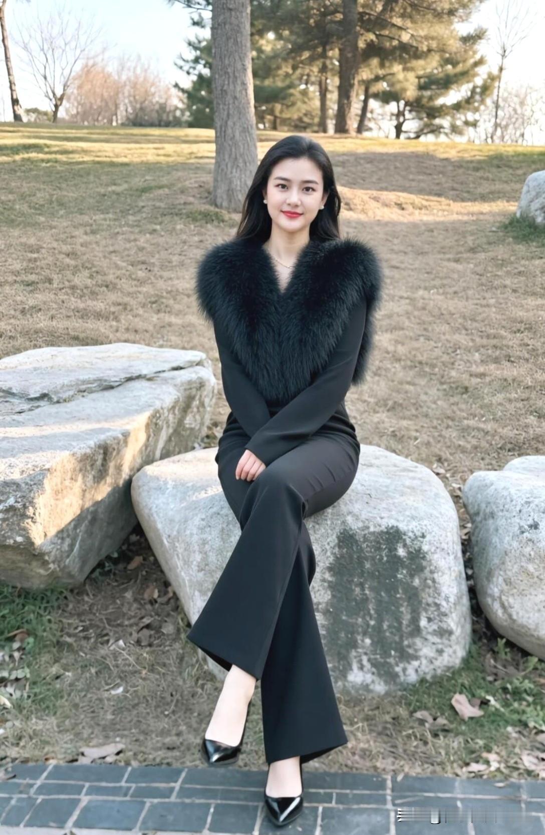 优雅黑衣女郎，冬日公园里的时尚风景