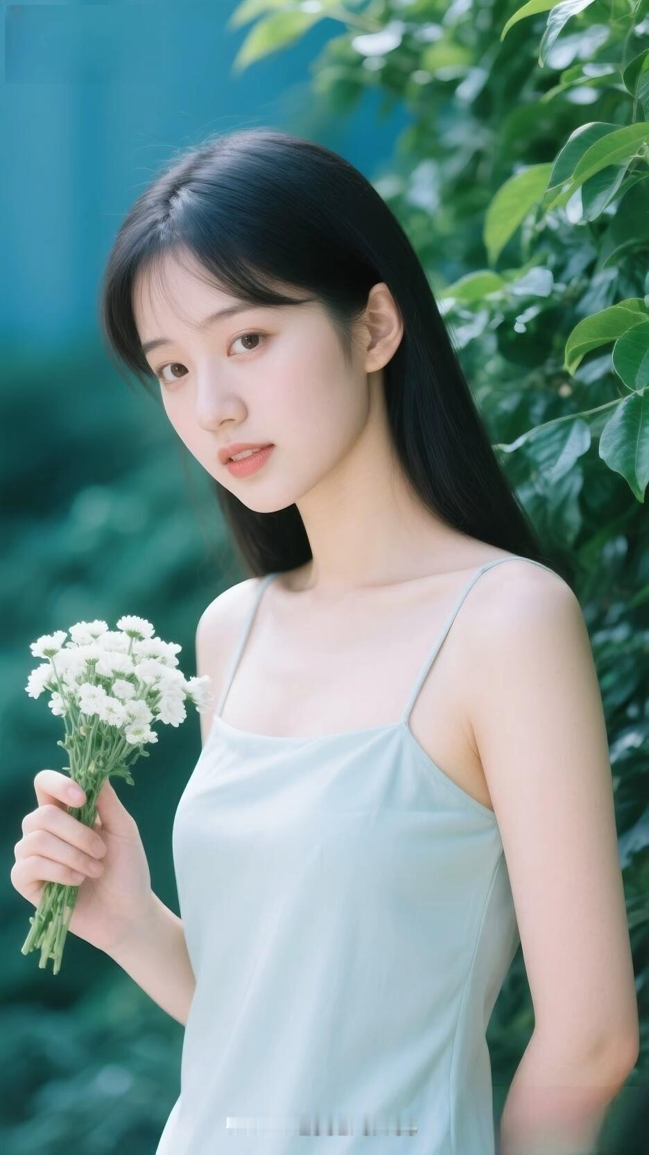 清新自然，手捧一束白花，少女情怀满溢