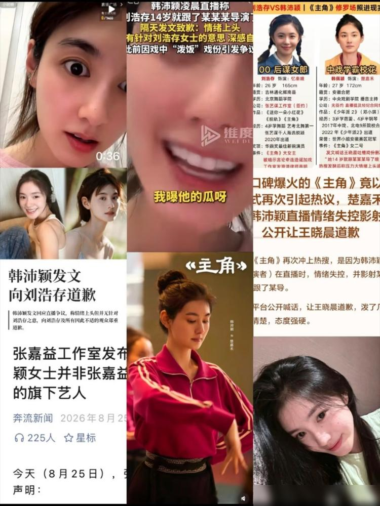 8月25日张嘉益工作室连夜发布声明，明确韩沛颖绝非旗下艺人，火速撇清所有干系。演员孙浩则借着当年的剧