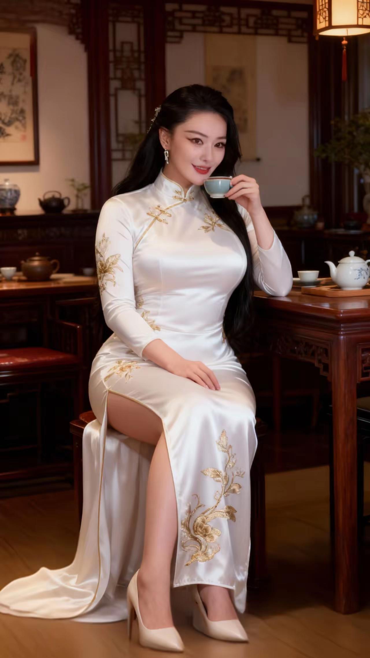 旗袍茶韵一袭旗袍映岁华，清茶在手韵无涯。东方佳丽风姿秀，雅意闲情入墨画。