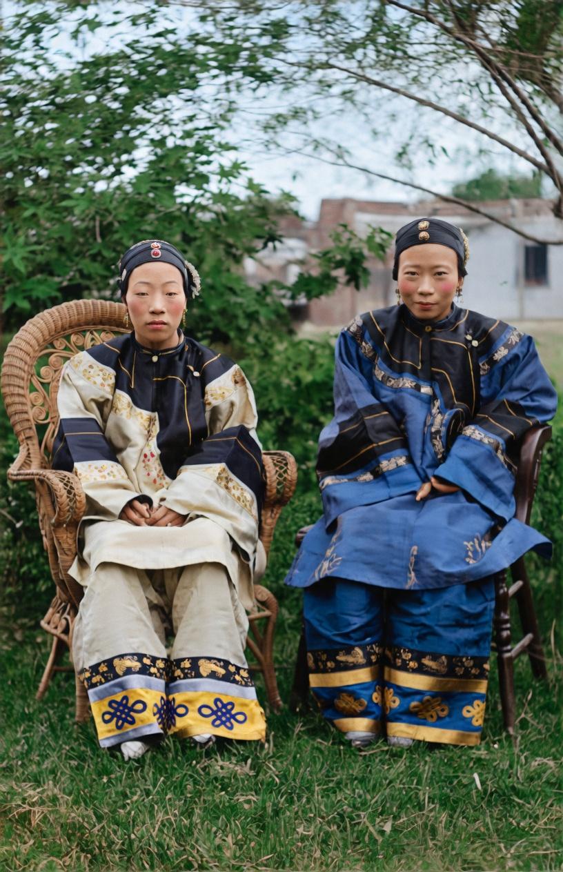 晚清，这张照片将两位汉族士绅家庭女性的身影，永远留在了庭院的树影天光里。右侧的