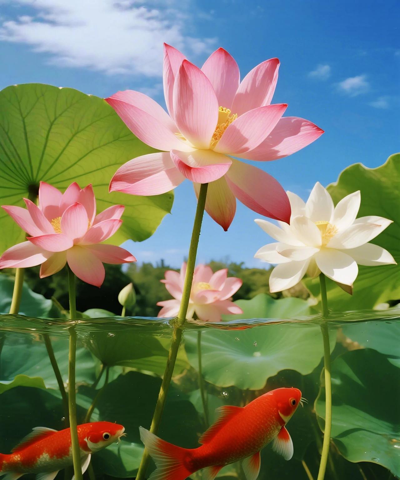 炎炎夏日暑难消，幸有荷塘景色娇。粉蕊摇风香袅袅，绿盘承露韵迢迢。白荷映日
