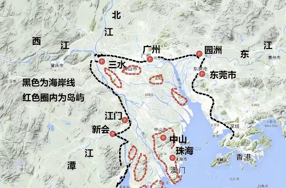 原来秦汉时期，广州以南大面积区域是海水，只有零星几个岛！黑色虚线是大致的海岸线