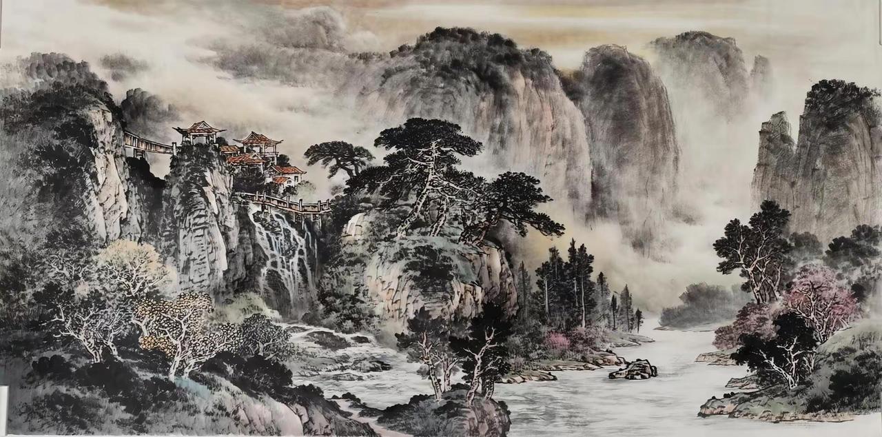 松云观瀑图。写意山水精品国画山水山水作品山水作品赏析山水国画珍品