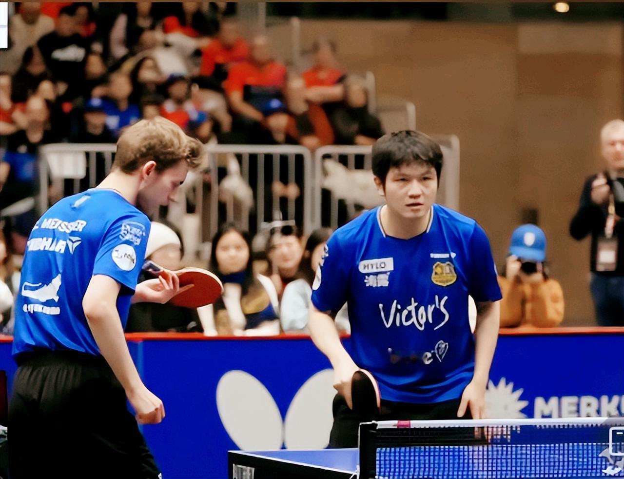 樊振东/迈斯纳1:3输给了邱党/安东第一局樊振东/迈斯纳10:12输了