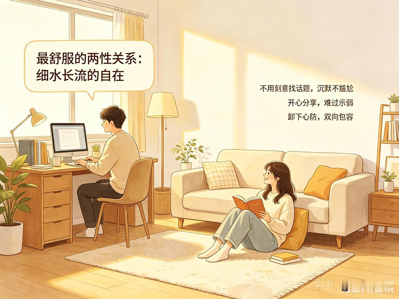 最舒服的两性关系，不是那种轰轰烈烈、让人惊艳的感觉，而是细水长流的自在。好多人觉