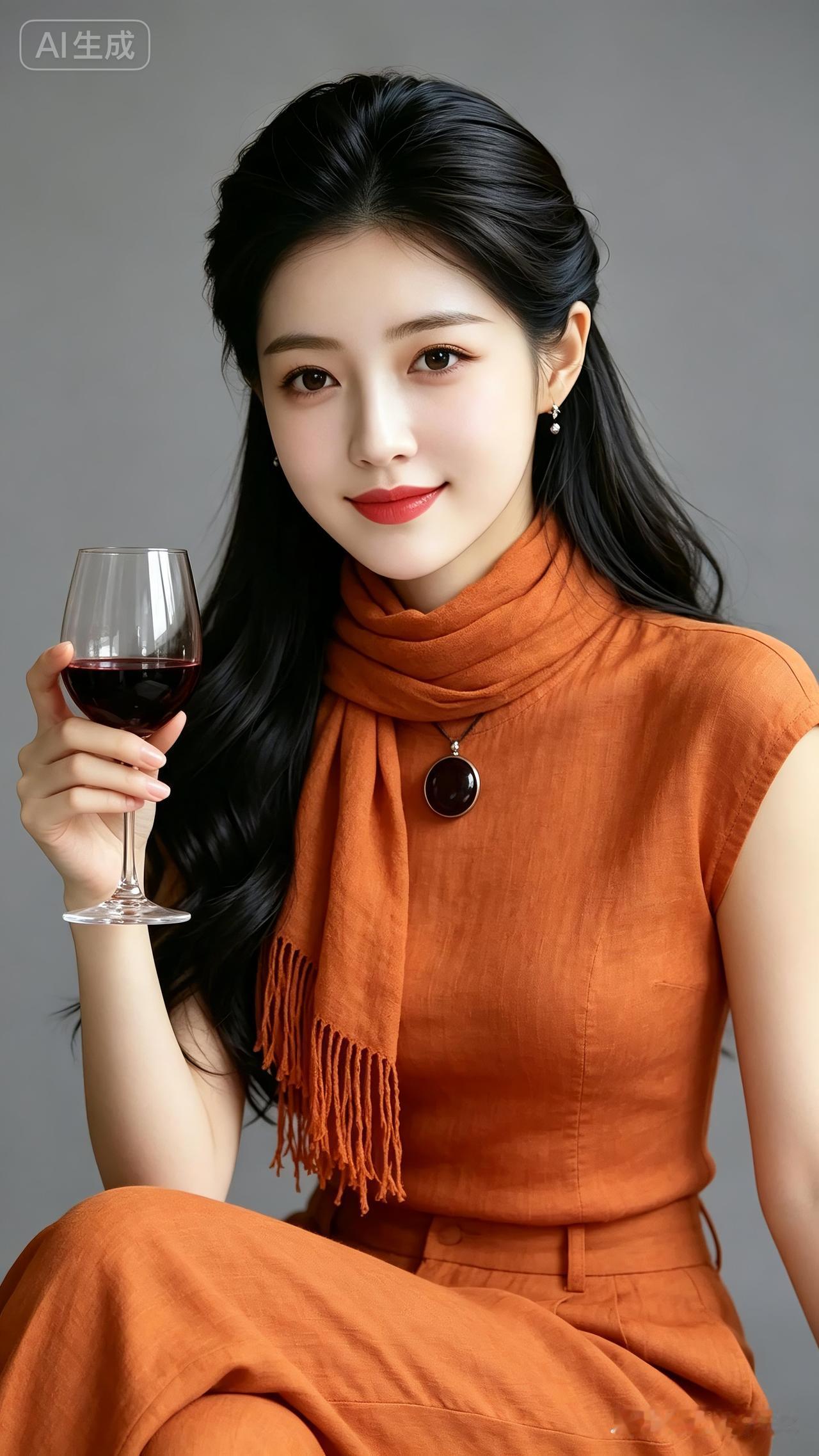 温婉东方女子身着橙调亚麻修身套装，阔腿裤随风飘逸，流苏围巾灵动摇曳。手擎一杯红酒