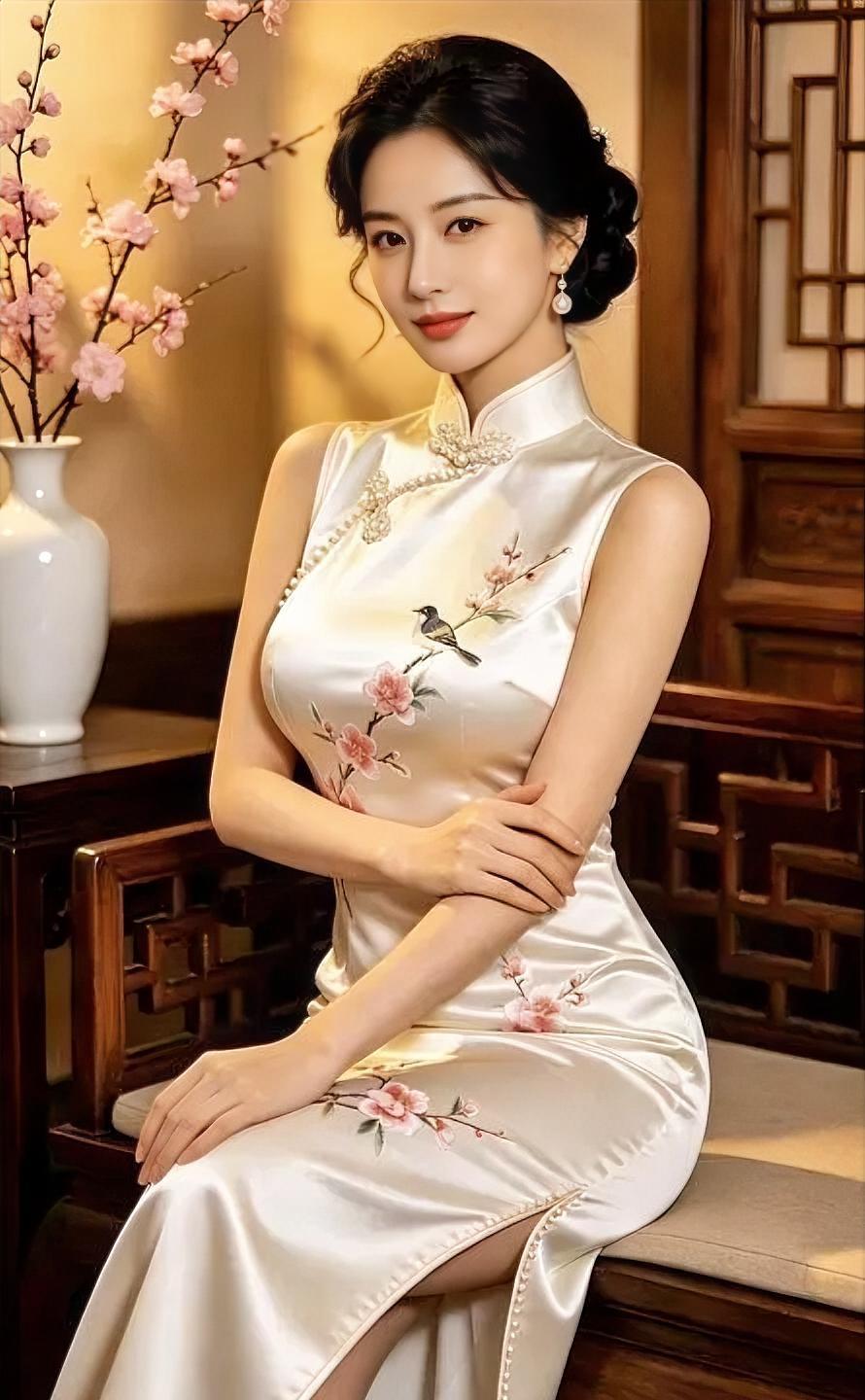 《瓷白梅香》米白旗袍，绣上梅枝与鸟鸣，珍珠盘扣，轻挽温润时光。发髻低