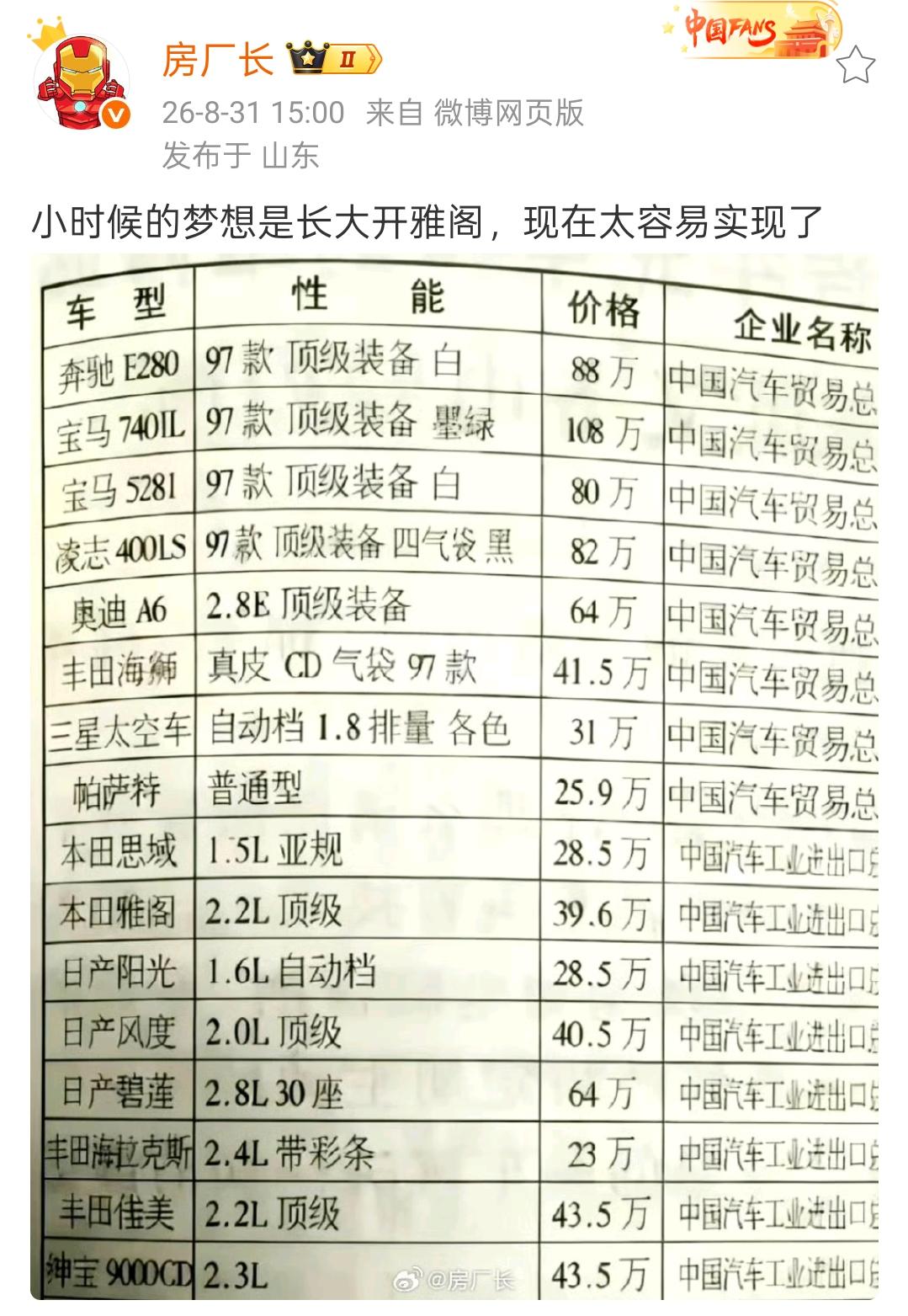 小时候的梦想是长大开雅阁，现在太容易实现了
