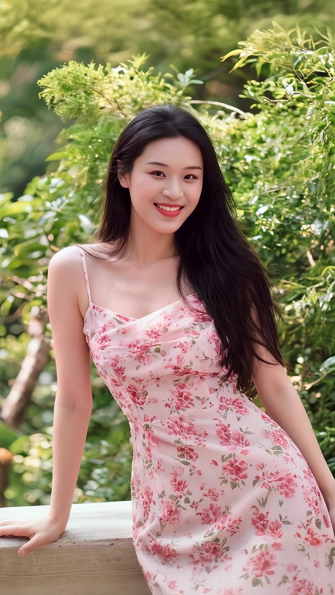 粉裙裁得艳花稠，笑靥轻扬眼底柔。漫倚栏边风作伴，一身晴色胜春愁。你是