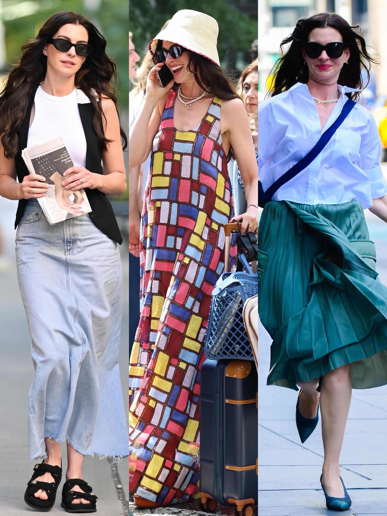 不愧是行走的“衣架子”，安妮海瑟薇的穿搭超美呀！可盐可甜的风格被她拿捏得恰到好