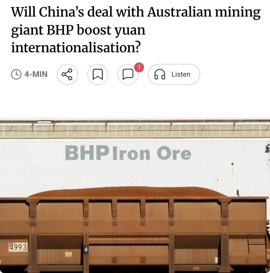 外媒：澳大利亚矿业巨头必和必拓（BHP）决定采用人民币计价指数与主要中国买家进行