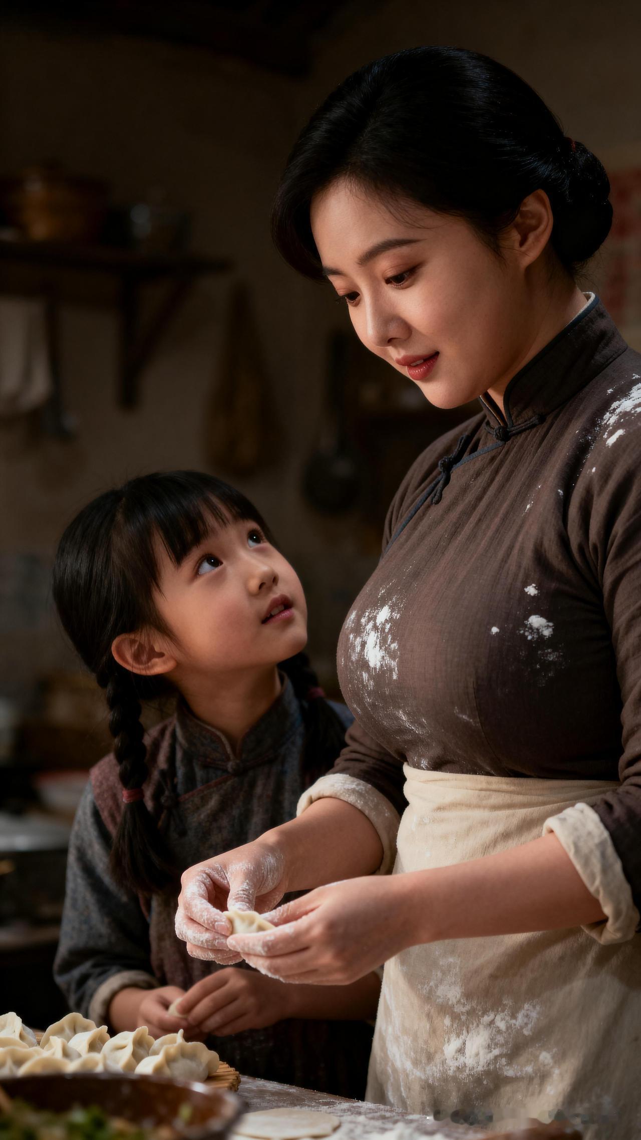 冬至的老屋里，昏黄灯光落满案板，面粉簌簌沾了衣襟。母亲的手带着温度捏出饺子的褶，
