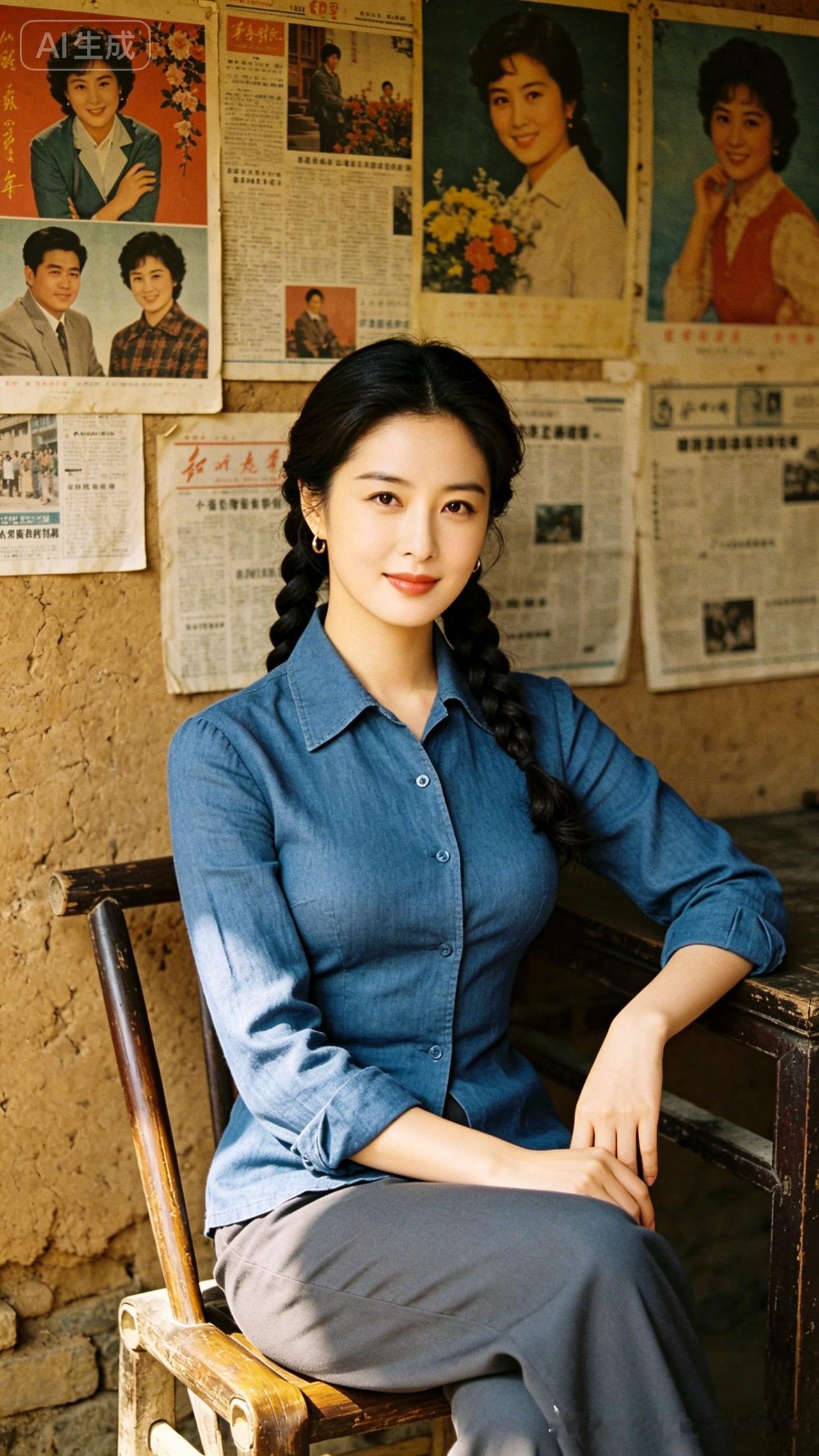 这姑娘坐在椅子上，背景贴着老海报。