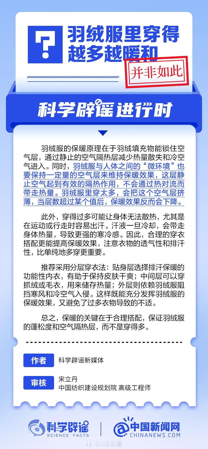 科学辟谣进行时【羽绒服里穿得越多，越暖和？并非如此】羽绒服的保暖原理在于羽绒填充