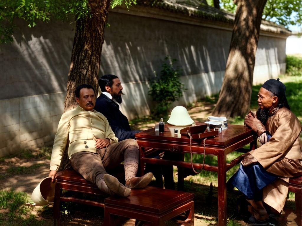 1900年，八国联军占领下的北京街头，一名穿着绫罗绸缎的中国男子正在陪两个英国军