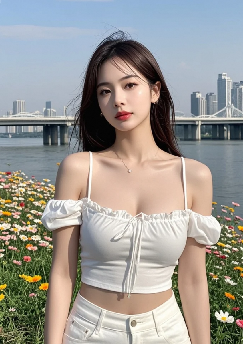 她在花海中微笑，美得刚刚好