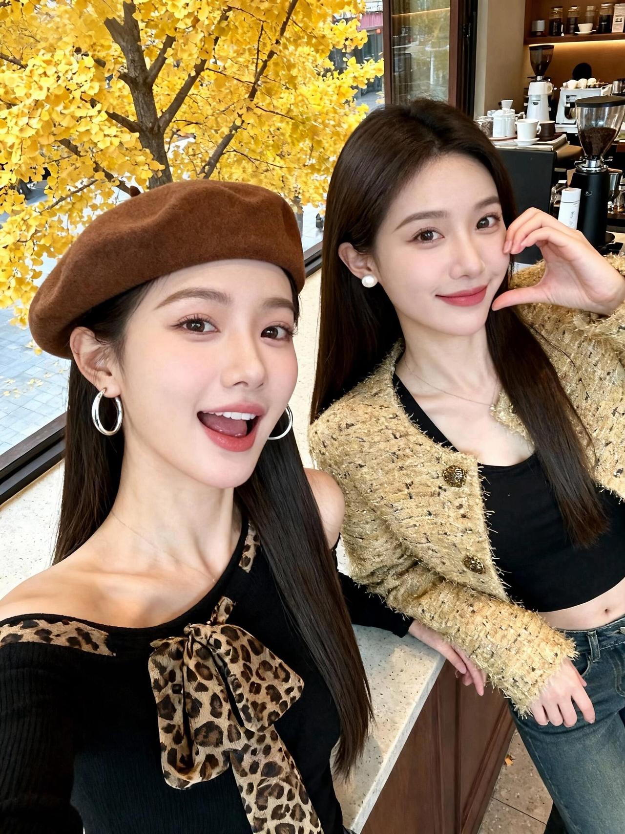 秋日暖阳下的闺蜜自拍