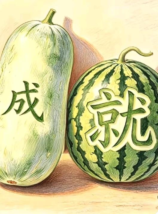 〔看图猜词语〕图中谐音猜词语；画面有个大冬瓜；另外还有大西瓜；两瓜里面都