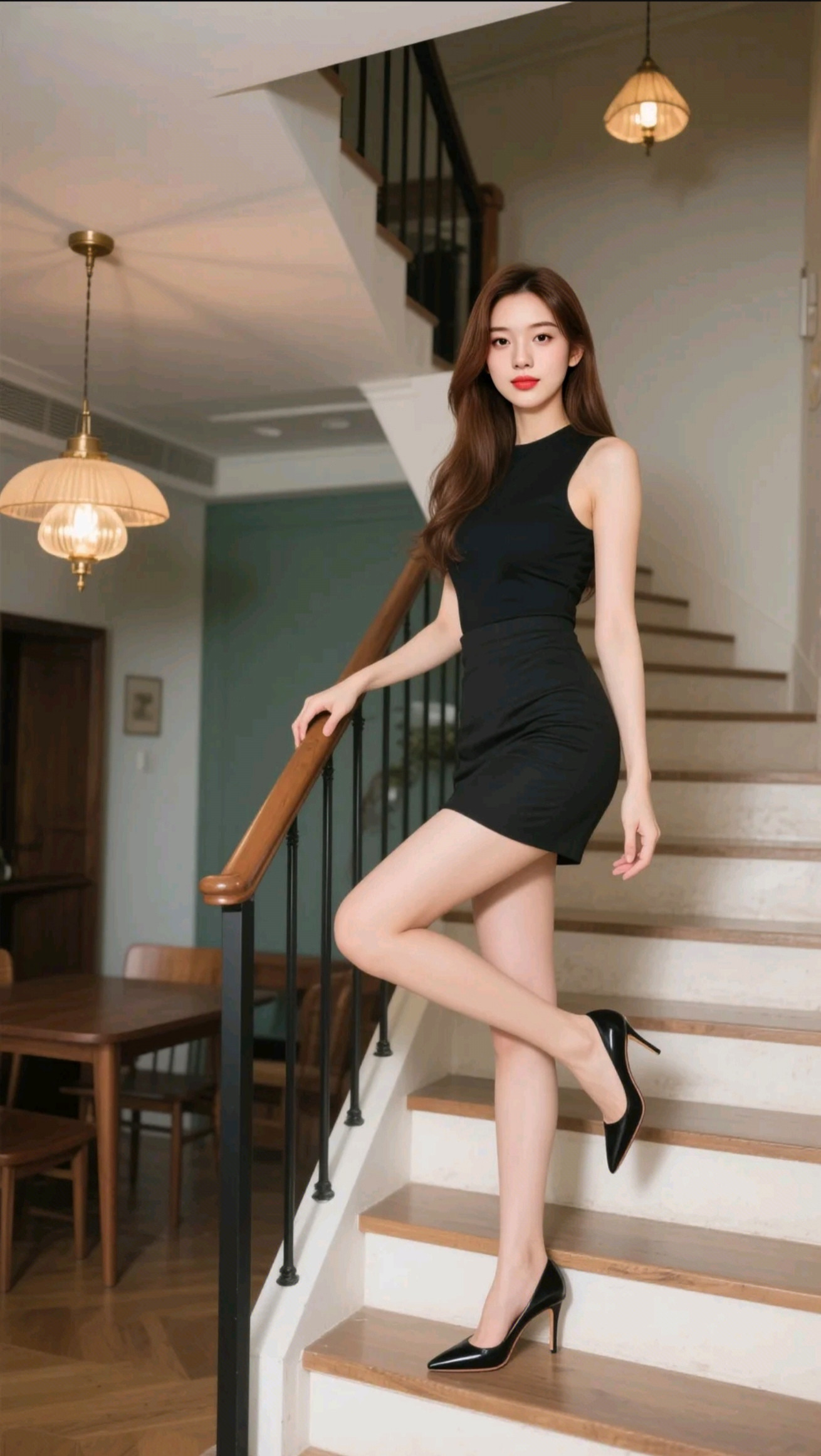 优雅气质黑裙，自信的步伐，楼梯上的时尚美女