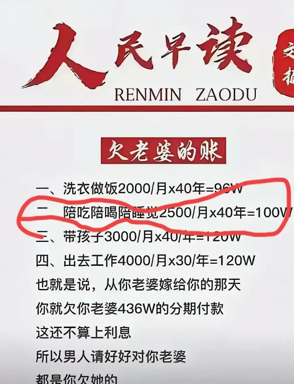 把女性应该干的活或者家庭责任如此物化，说成男人欠女人的，从结婚开始就欠436万。