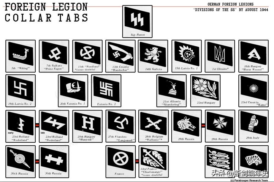 武装党卫军外籍志愿部队领章。纳粹德国在二战中为扩充兵力，大量征召被占领国、轴心国