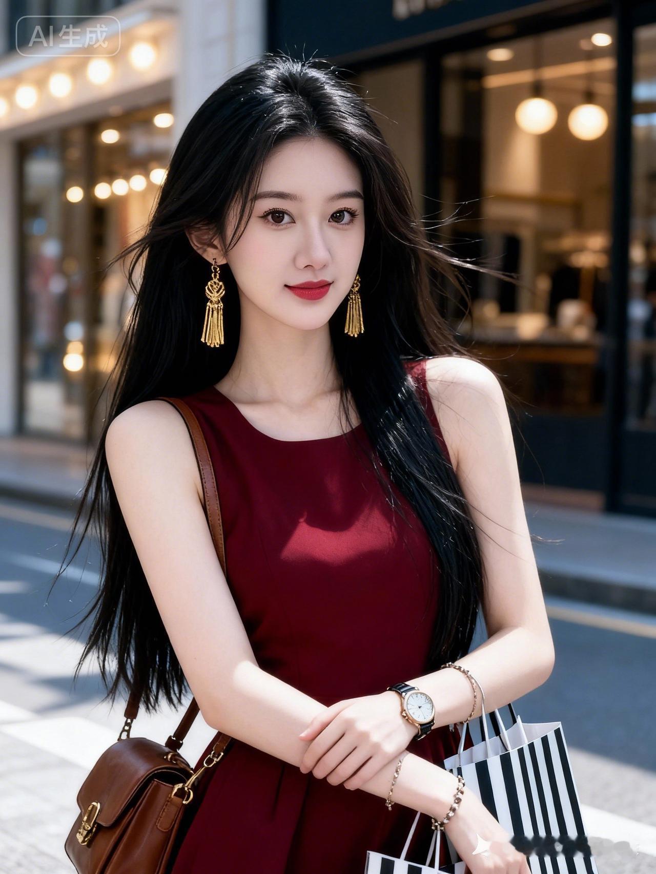 都市时尚少女，优雅红裙与金色耳饰相得益彰，手提条纹包包，尽显时尚魅力。