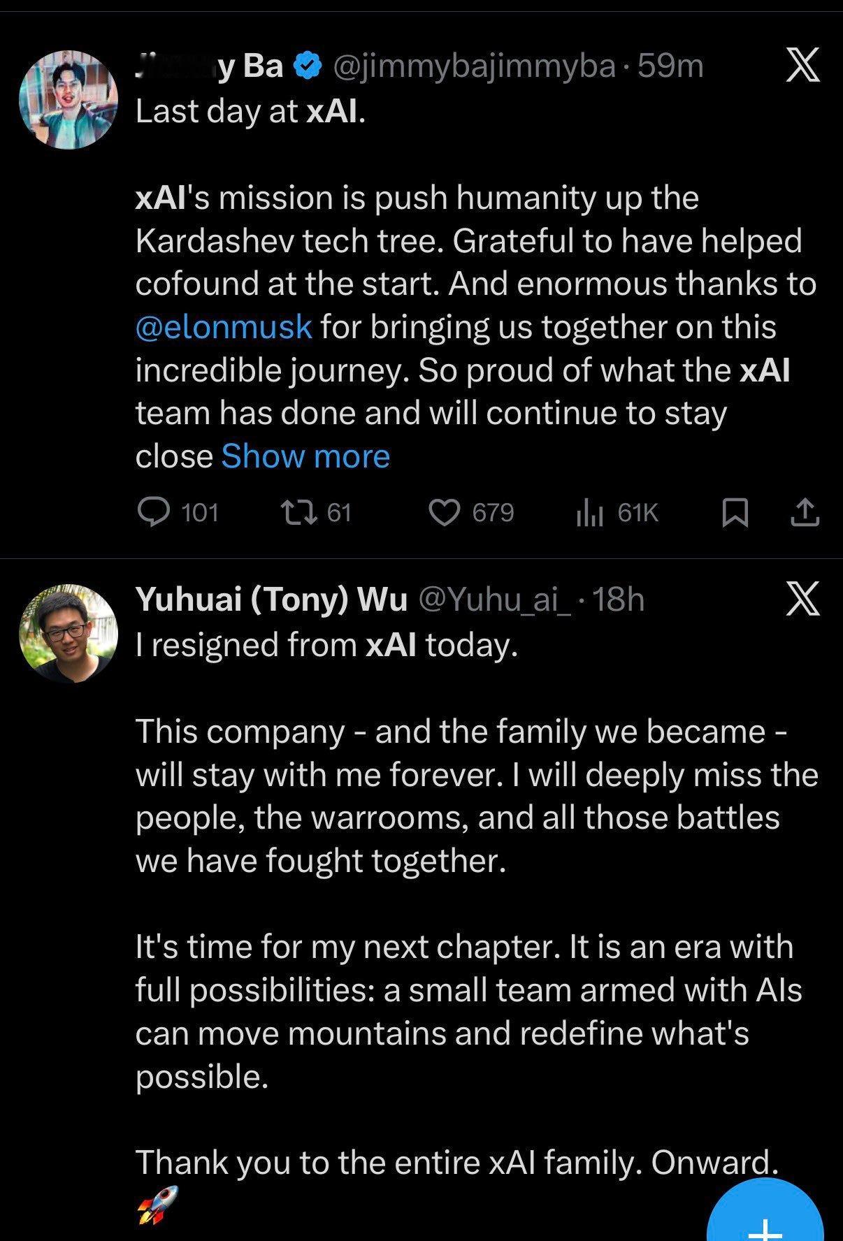 两位xAI的联合创始人JimmyBa和吴宇怀宣布离职，除了这些核心成员