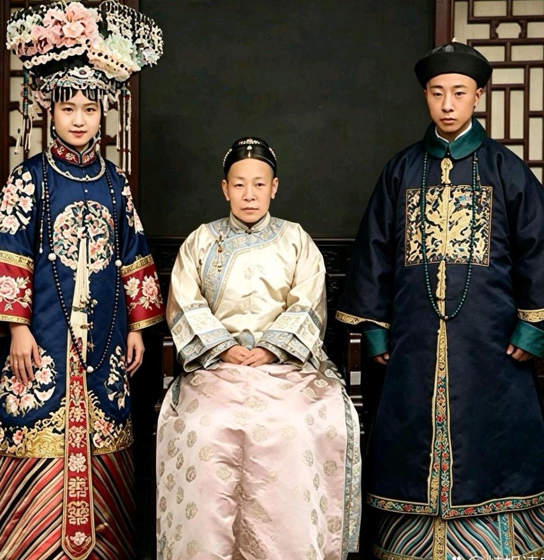 这是百年前溥仪的弟弟溥杰与瑾妃的侄女唐怡莹结婚时的场景。中间端坐的老太太应该是唐