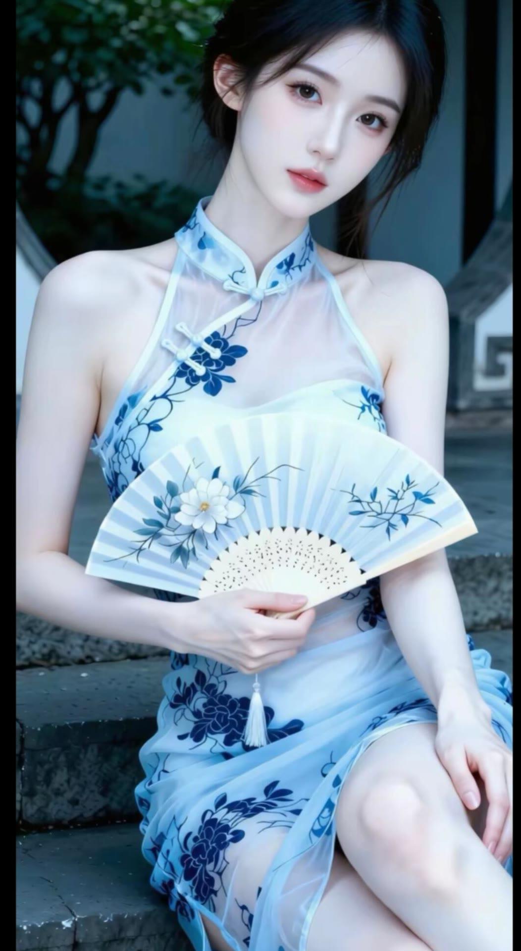古典美人手持团扇，韵味十足，仿佛穿越回古代。