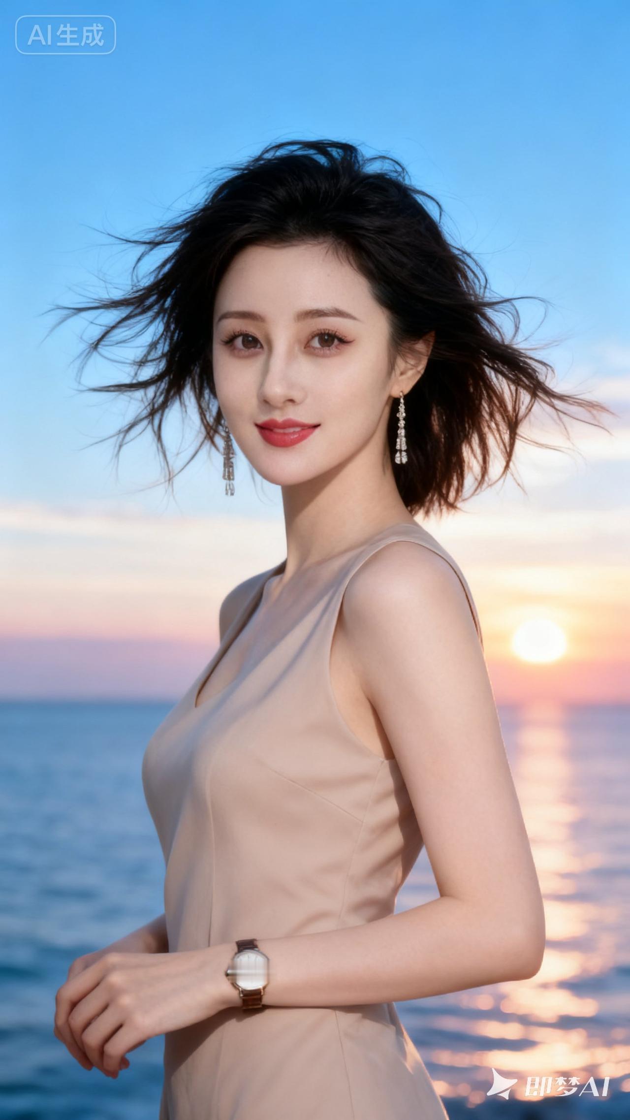 海边日落，优雅女神，美不胜收！🌅👗💍