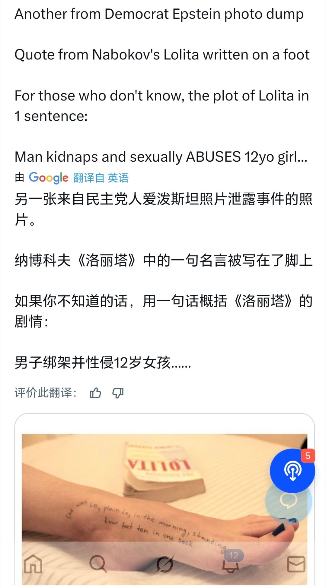 爱泼斯坦非常喜欢《洛丽塔》这本书，他被捕前还购买了这本书的周年精装版，甚至泄露的