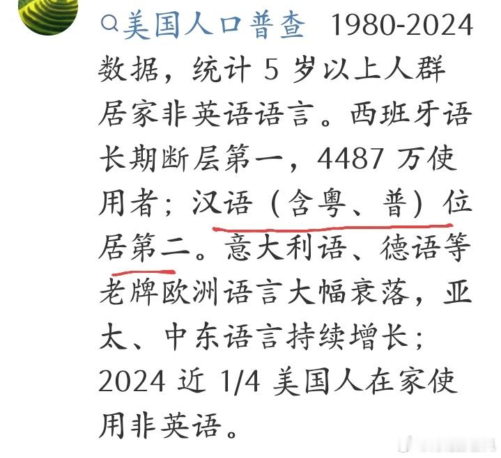 美国，非英语，使用人，西班牙语第一，汉语第二，合计普通话和粤语。。​​​