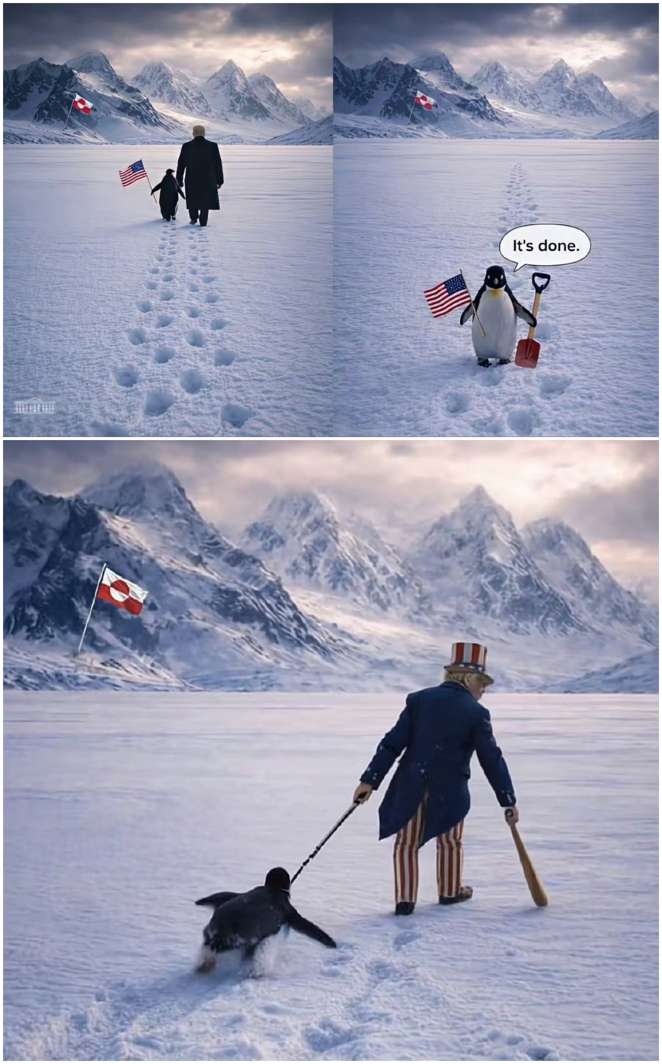 白宫发了一张图新华社回了个动画齐活，这三张图甚至可以编一个故事（AI版）：《格